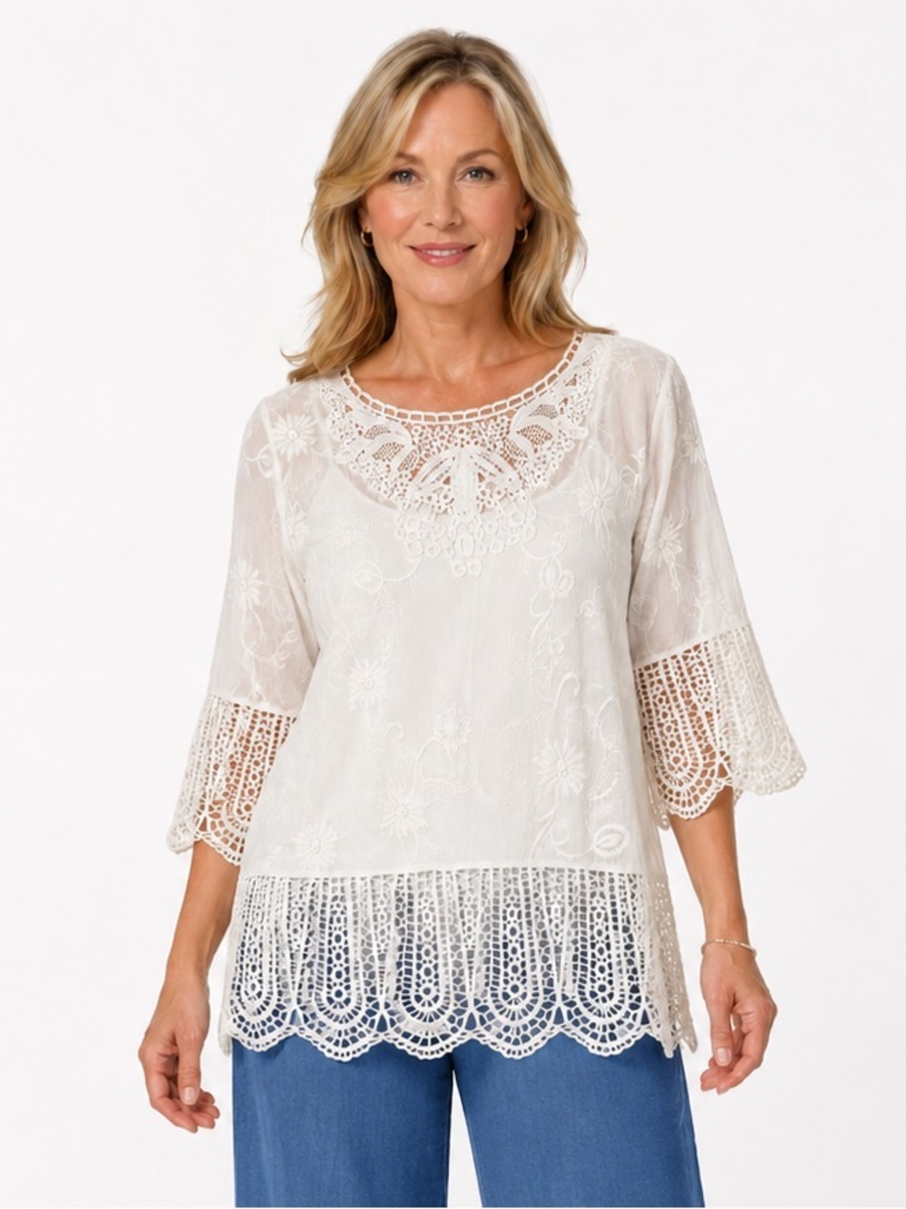 Chico’s white sheer crochet boxy top size 2 large US 12 coastal Lagenlook beach